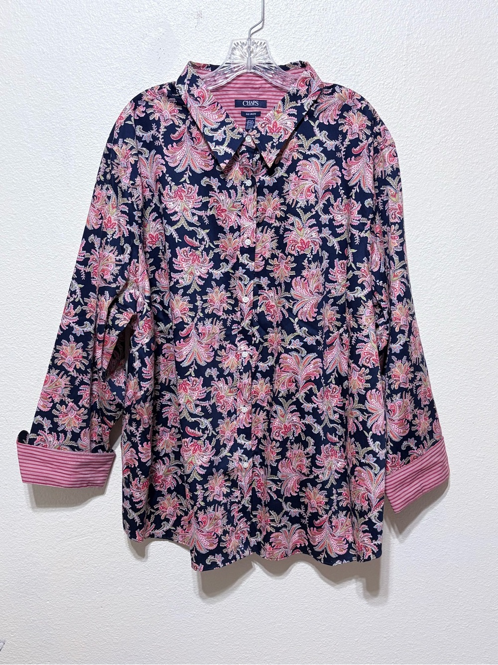 CHAPS No Iron Pink Black Floral Button Shirt Womens 3X Long Sleeve Flip Cuff